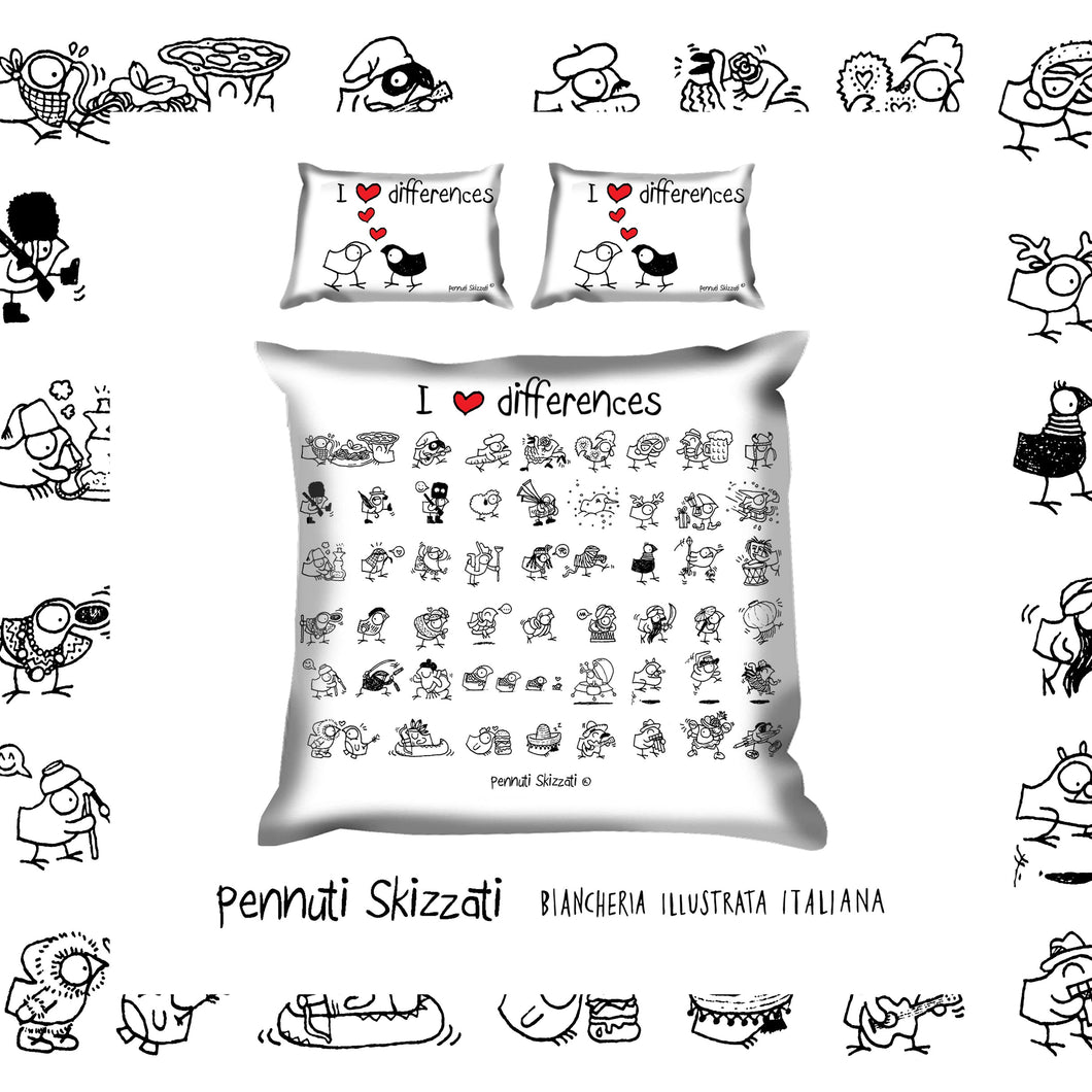 Copripiumone matrimoniale “I love differences” Pennuti Skizzati